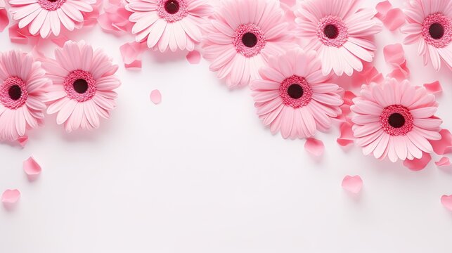  a bunch of pink flowers on a white background with pink petals.  generative ai