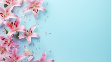  pink lilies on a blue background with drops of water.  generative ai