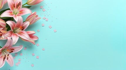  pink lilies on a blue background with confetti.  generative ai