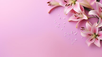  pink lilies on a pink background with seeds scattered around them.  generative ai