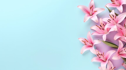  pink lilies on a blue background with space for text.  generative ai