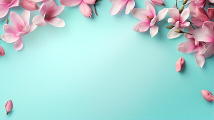  a blue background with pink flowers on the left side of the frame.  generative ai