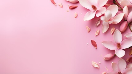 Fototapeta na wymiar a pink background with pink petals and petals on the side. generative ai
