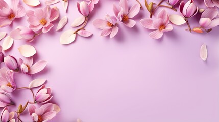  pink flowers on a purple background with space for a text.  generative ai