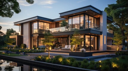 Obraz premium Modern house model for sale with office background