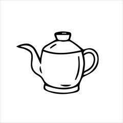 Teapot is isolated on a white background. Vector black and white illustration. Tea party, tea, hot drink, coffee.Clipart, template, sketch, icon, logo.
