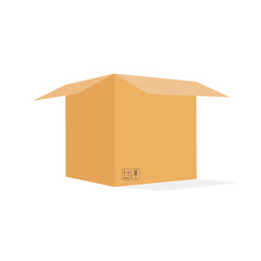 Cardboard open box with fragile signs. Side view.  Vector illustration template or mock up isolated on white background.