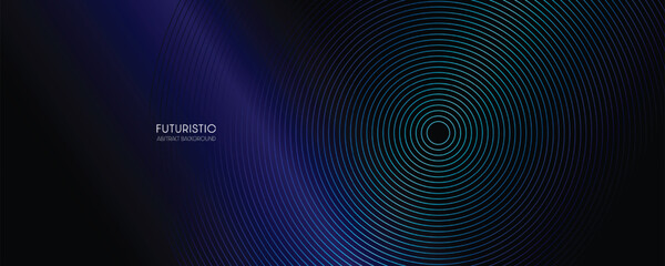 Glowing multicolor abstract geometric curves on blue gradient background. Modern banner template design with space for your text. Vector illustration