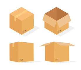 Set of cardboard open and closed box with fragile signs. Isometric view side. Vector illustration template or mock up isolated on white background.