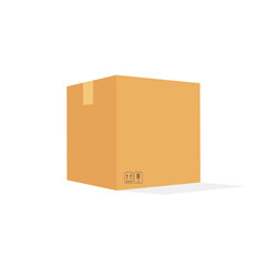 Cardboard closed box with fragile signs. Side view. Vector illustration template or mock up isolated on white background.
