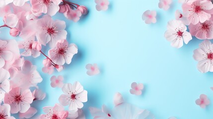  pink flowers on a blue background with a place for text.  generative ai