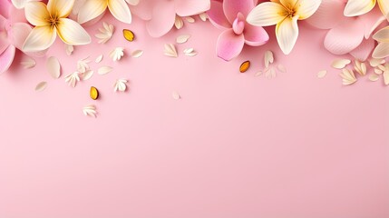  a pink background with white and yellow flowers on top of it.  generative ai