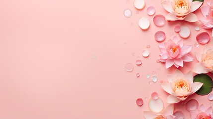  a pink background with water droplets and pink flowers on it.  generative ai
