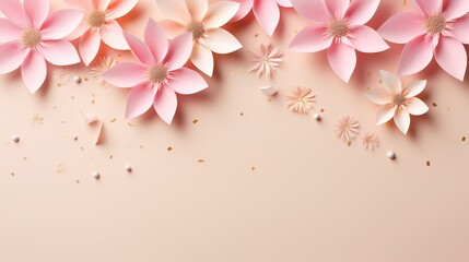  a pink background with paper flowers and gold confetti.  generative ai