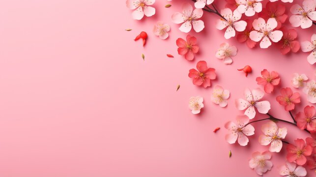  pink flowers on a pink background with space for text or image.  generative ai