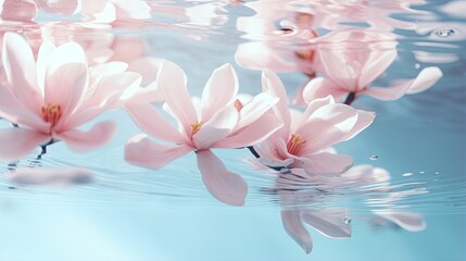  a group of pink flowers floating on top of a body of water.  generative ai