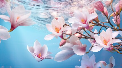  a bunch of pink flowers floating in the water with a blue background.  generative ai
