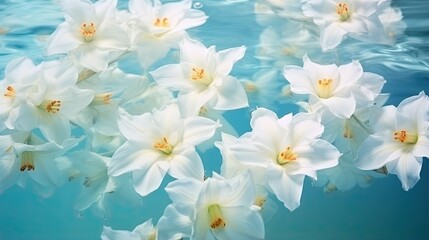  a group of white flowers floating on top of a body of water.  generative ai