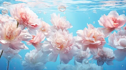  a group of pink flowers floating in the water with bubbles.  generative ai
