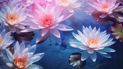  a group of water lilies floating on top of a pond.  generative ai