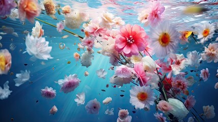  a bunch of flowers floating in the water on a sunny day.  generative ai