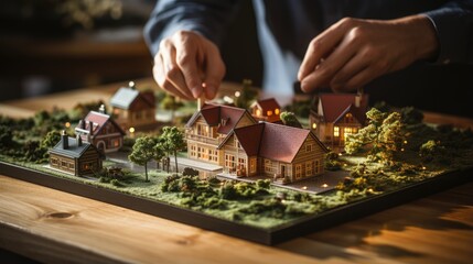 Real estate agent giving buyer house keys on office table with miniature model of house on table