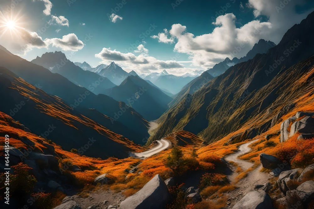 Poster a majestic mountain pass nestled amidst a pristine and remote wilderness - ai generative
