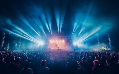 A music festival with an illuminated stage and a crowd of spectators