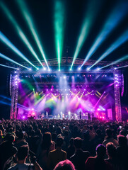 A music festival with an illuminated stage and a crowd of spectators - 645415061