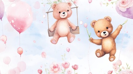  a couple of teddy bears hanging from a swing with balloons.  generative ai