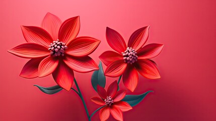  two red flowers with green leaves on a pink background with a red background.  generative ai