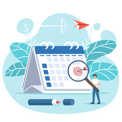 Businessman holding magnifier focus goal setting and planning to reminder targets on a calendar for notification. Vector illustration flat design for banner, poster, and background.