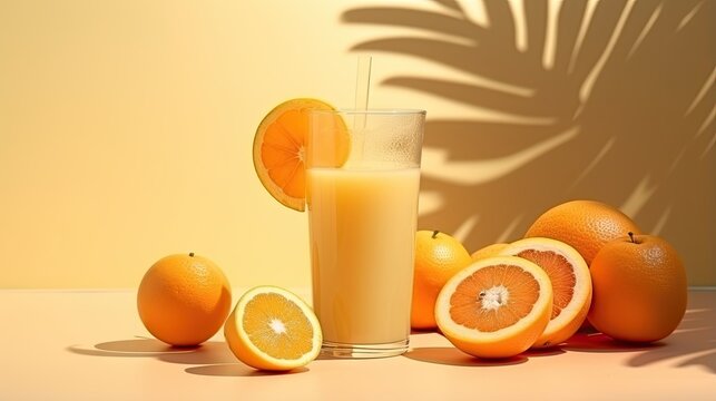  a glass of orange juice next to oranges and a shadow of a palm tree.  generative ai
