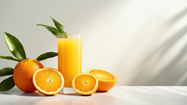 a glass of orange juice next to an orange slice and leaves.  generative ai