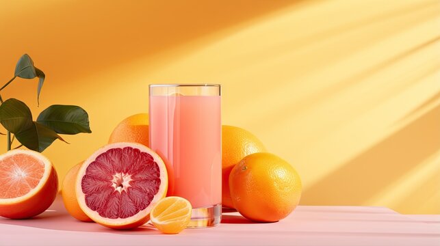  grapefruit, oranges, and a glass of juice on a table.  generative ai