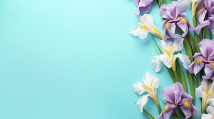  a bunch of purple and white flowers on a blue background. generative ai