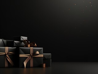 Black Friday Super Sale banner with realistic black gifts boxes and gold bows. Dark background golden with copy space. Generative AI - Powered by Adobe