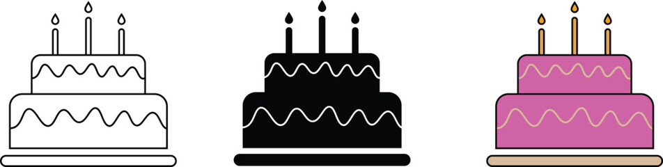 Birthday cake icons collection isolated, lined and colored. Illustration vector 