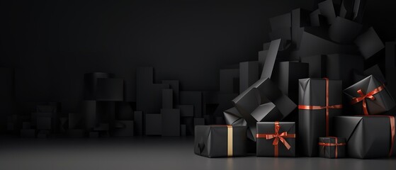 Black Friday Super Sale banner with realistic black gifts boxes and gold bows. Dark background golden with copy space. Generative AI