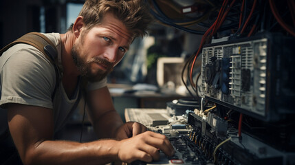 Handsome man repairing difficult machine, worker, Industrial Machine Operator. Young handsome factory worker.