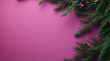  a pink background with green branches and pink berries on it.  generative ai