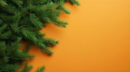  a close up of a pine tree branch on an orange background.  generative ai