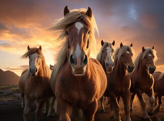 A group of galloping horses in the steppe