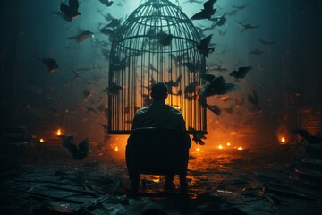 A solitary man contemplatively observes an empty birdcage, juxtaposed against free birds soaring outside, symbolizing freedom, captivity, and choice.