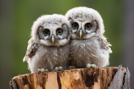 Boreal owl chicks next to each other