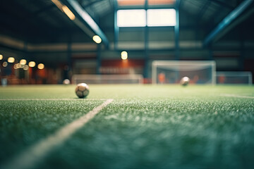 Soccer Ball on an indoor sport stadium with goal and empty field. - obrazy, fototapety, plakaty