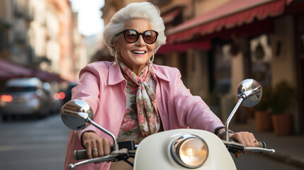 Senior women in her 60ties riding a scooter enjoying her life, retired granny enjoying summer vacation, trendy bike road trip