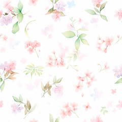 Seamless watercolor floral patterns, with flowers and foliage. Japanese abstract style. Use for wallpapers, backgrounds, packaging design, or web design