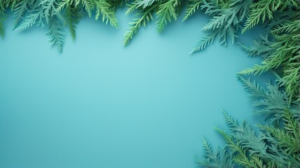  a blue background with green leaves and branches in the center.  generative ai