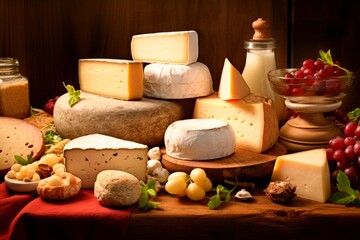 different types of cheese are arranged on the table
